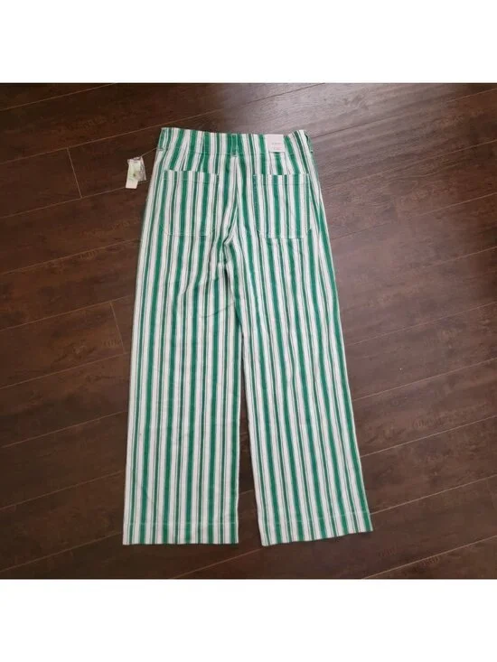 Anthropologie Colette Striped Full Length Wide Leg Pants Green Linen Womens 31 - Picture 2 of 9